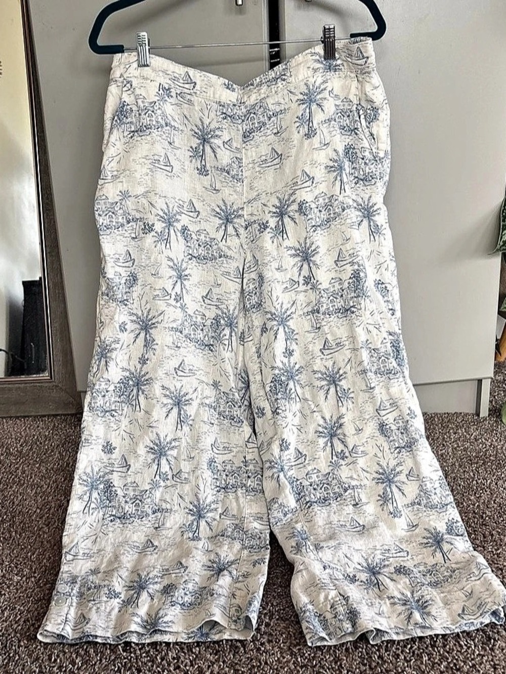 Martha Stewart Wide Leg Linen Pants in White & Blue Size XL